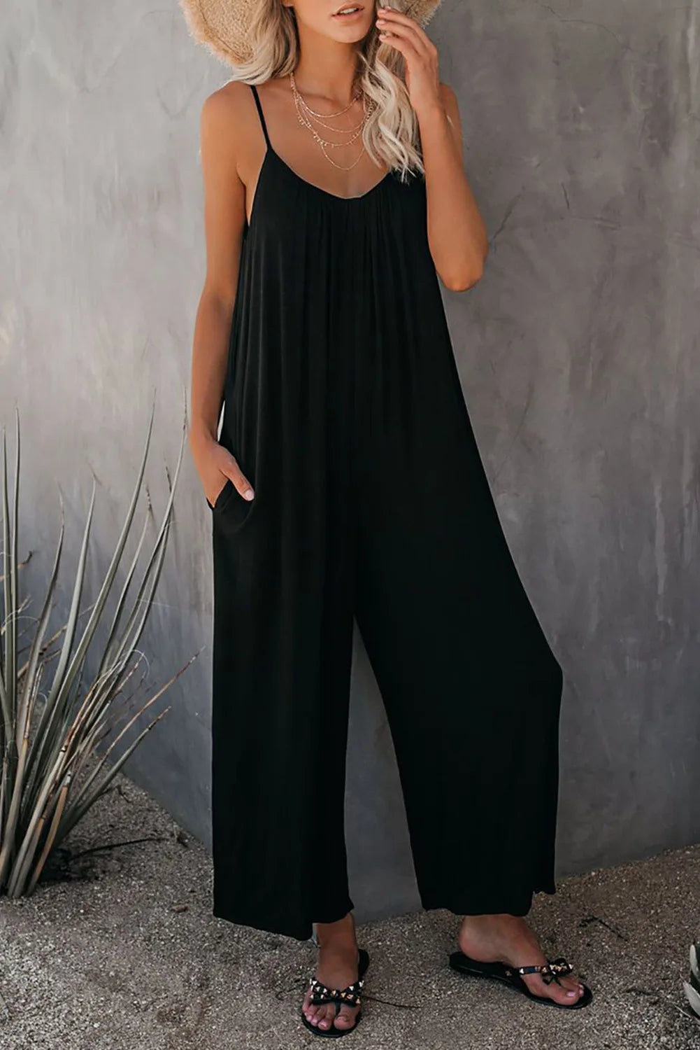 Loose Wide Leg American Jumpsuit Women Suspender Summer New Pockets Pants Casual Strap Female Solid Straight Seaside Clothing