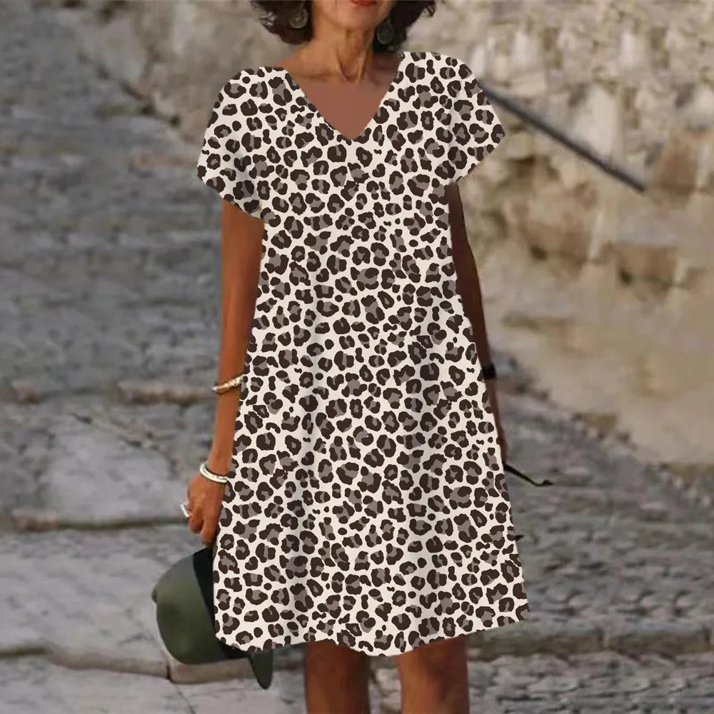 Oversized Summer Women 3D Printed Dress Casual Short Sleeve V-Neck Dress Fashion Elegant Female Sexy Classic Leopard Loose Dress