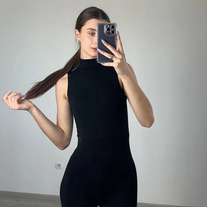 Black Playsuits Women Summer Fashion Bodycon Sleeveless Turtleneck Solid Rompers Casual Streetwear Sexy Sports Fitness Overall