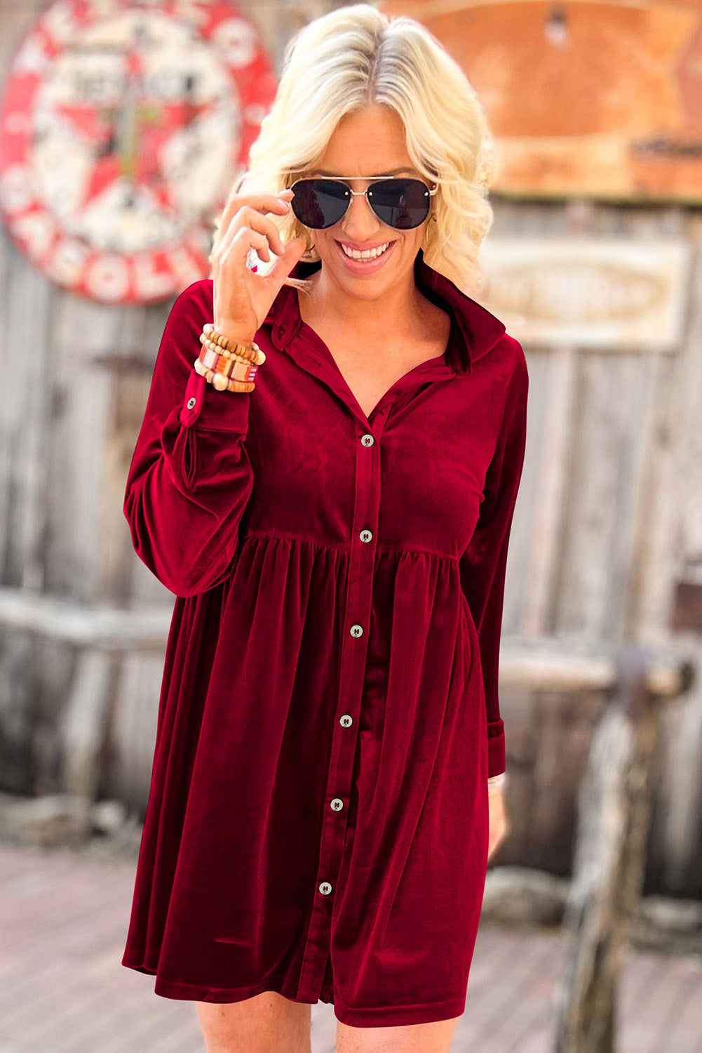 Fiery Red Long Sleeve Ruffle Velvet Button Up Dress