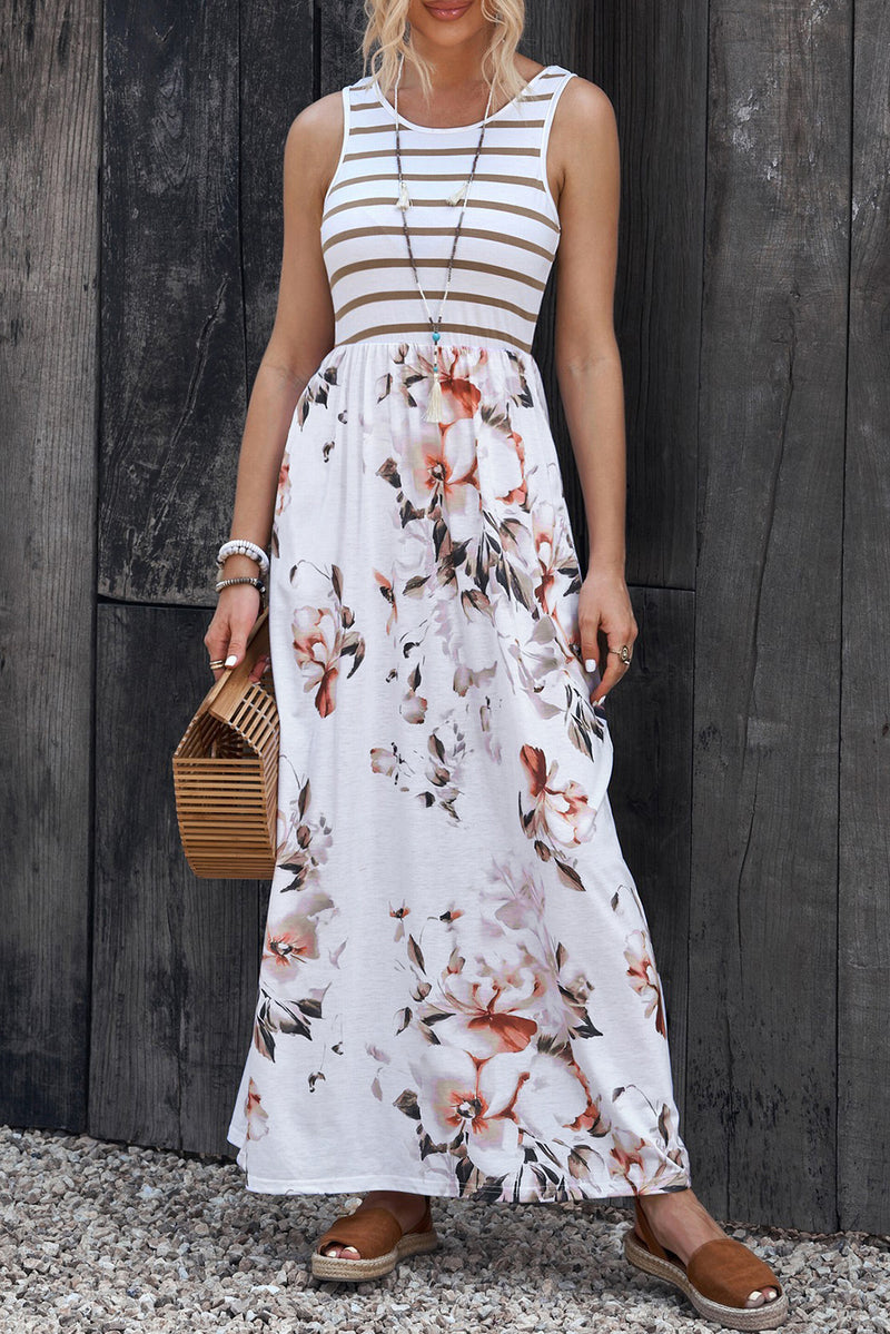 Striped Floral Print Sleeveless Maxi Dress with Pocket