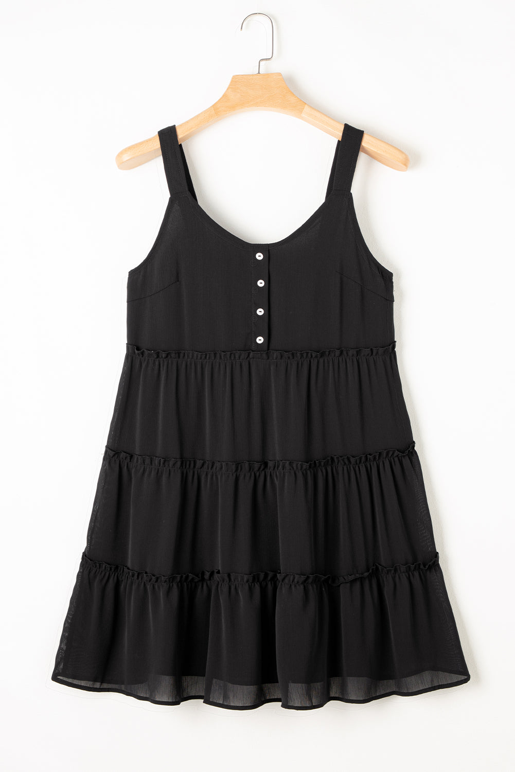 Black Button V Neck Frilly Tiered Sleeveless Dress