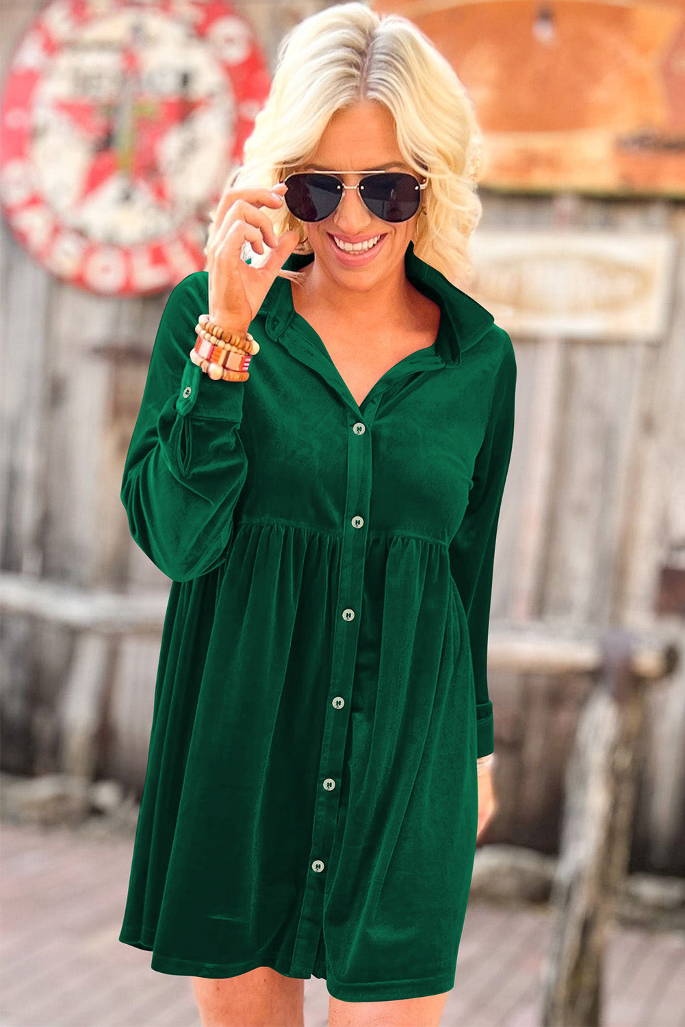 Fiery Red Long Sleeve Ruffle Velvet Button Up Dress