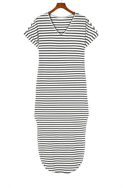 Black Striped Print Side Split Short Sleeve V Neck Maxi Dress