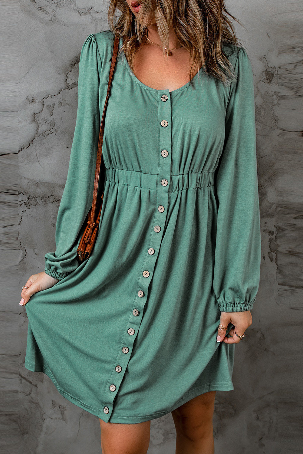 Khaki Button Up High Waist Long Sleeve Dress