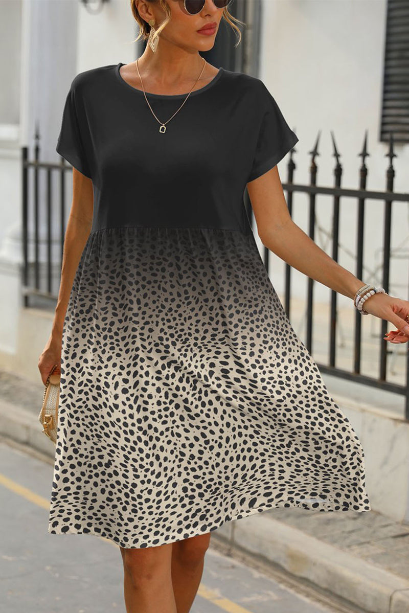 Leopard Dotted Contrast Casual Pocket T Shirt Dress