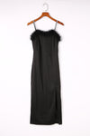 Rhinestone Straps Feather Trim Bodycon Midi Dress with Slit