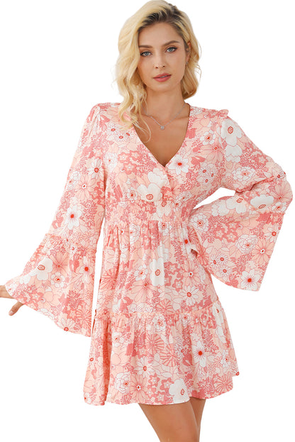 Floral Smocked High Waist Bell Sleeve Mini Dress