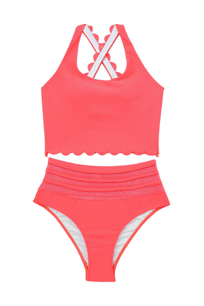 Rose Scalloped Criss Cross High Waist Bikini