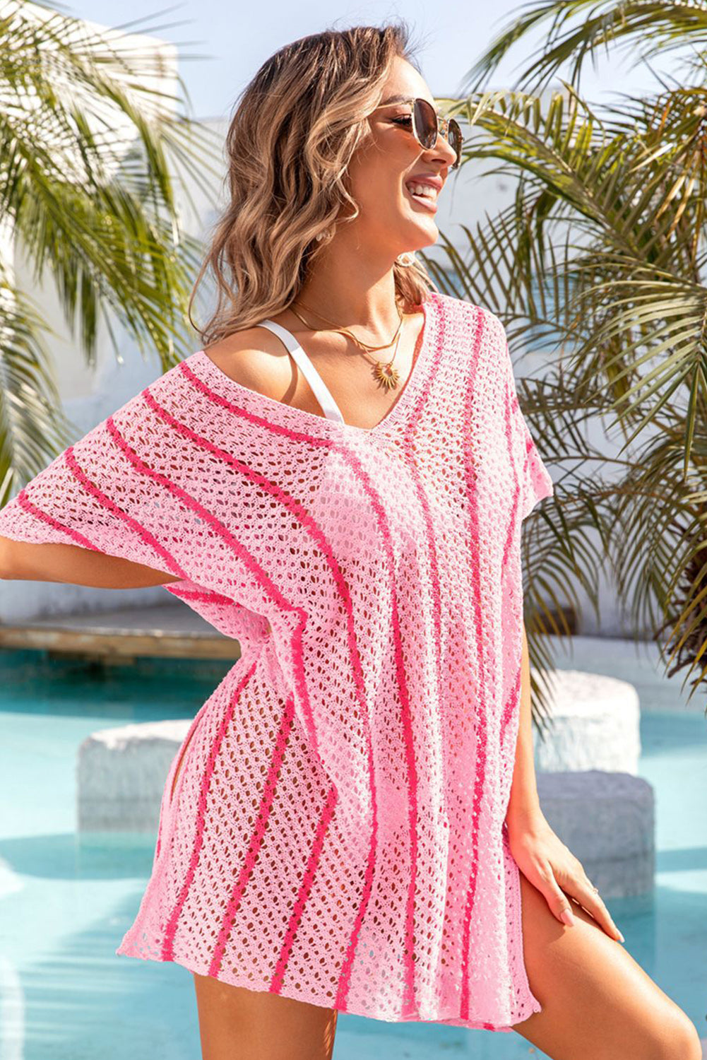 Black Striped Crochet Loose Fit V Neck Beach Cover Up