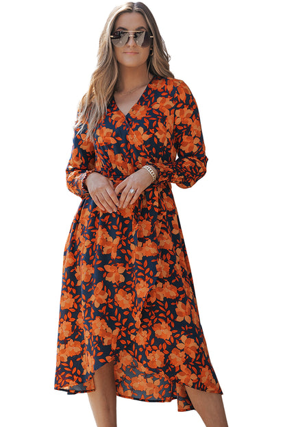 Orange Floral Print Faux Wrap Belted Dress