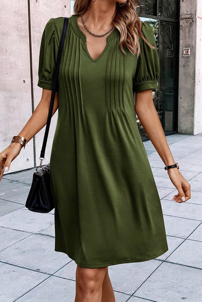 Fern Green Notched Neck Pleated Puff Sleeve Shift T-shirt Dress