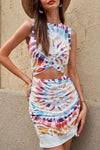 Multicolor Tie Dye Print Hollow Out Wrap Tie Mini Dress