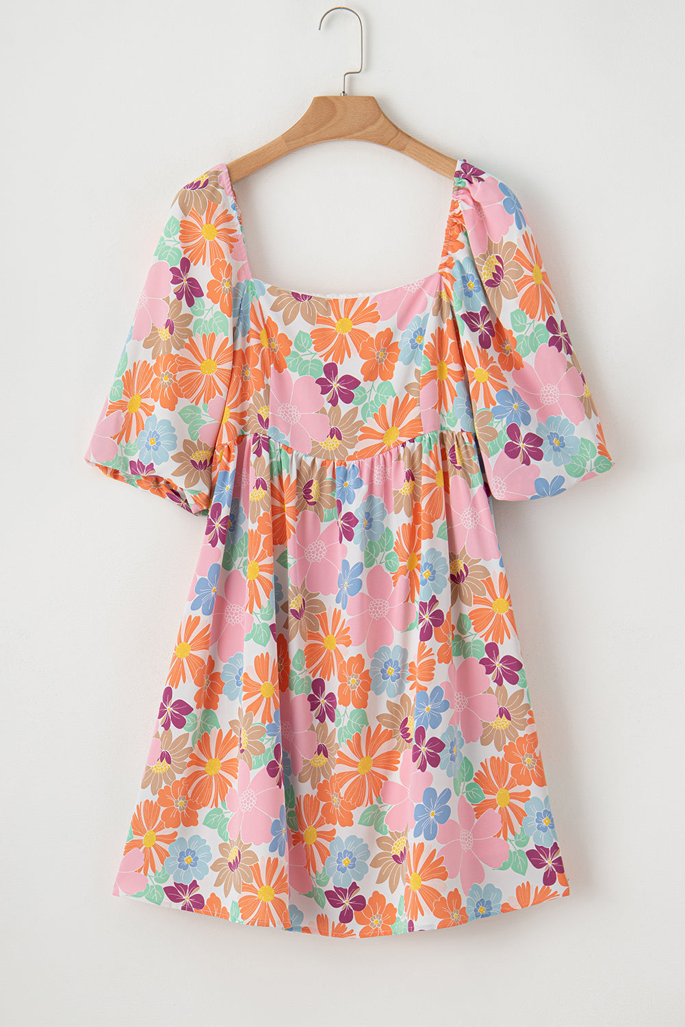 Rose Summer Floral Square Neck Puff Sleeve Babydoll Dress