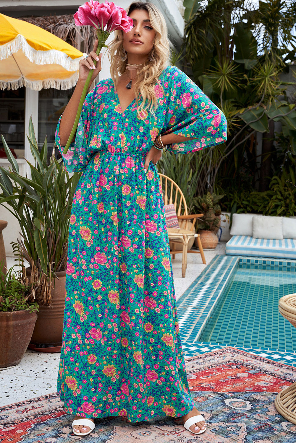 Green Boho Deep V Neck Floral Maxi Dress