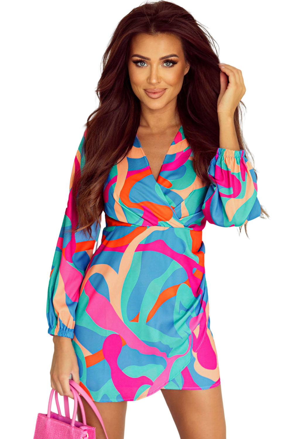 Multicolor Abstract Print Wrap V Neck Puff Sleeve Dress