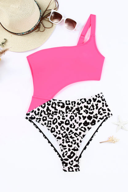 Rose Leopard Patchwork Asymmetric Cutout One Piece Swimsuit