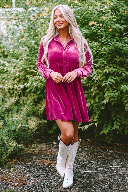 Fiery Red Long Sleeve Ruffle Velvet Button Up Dress