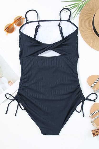 Navy Blue Ribbed Drawstring Sides Cutout One Piece Swimsuit