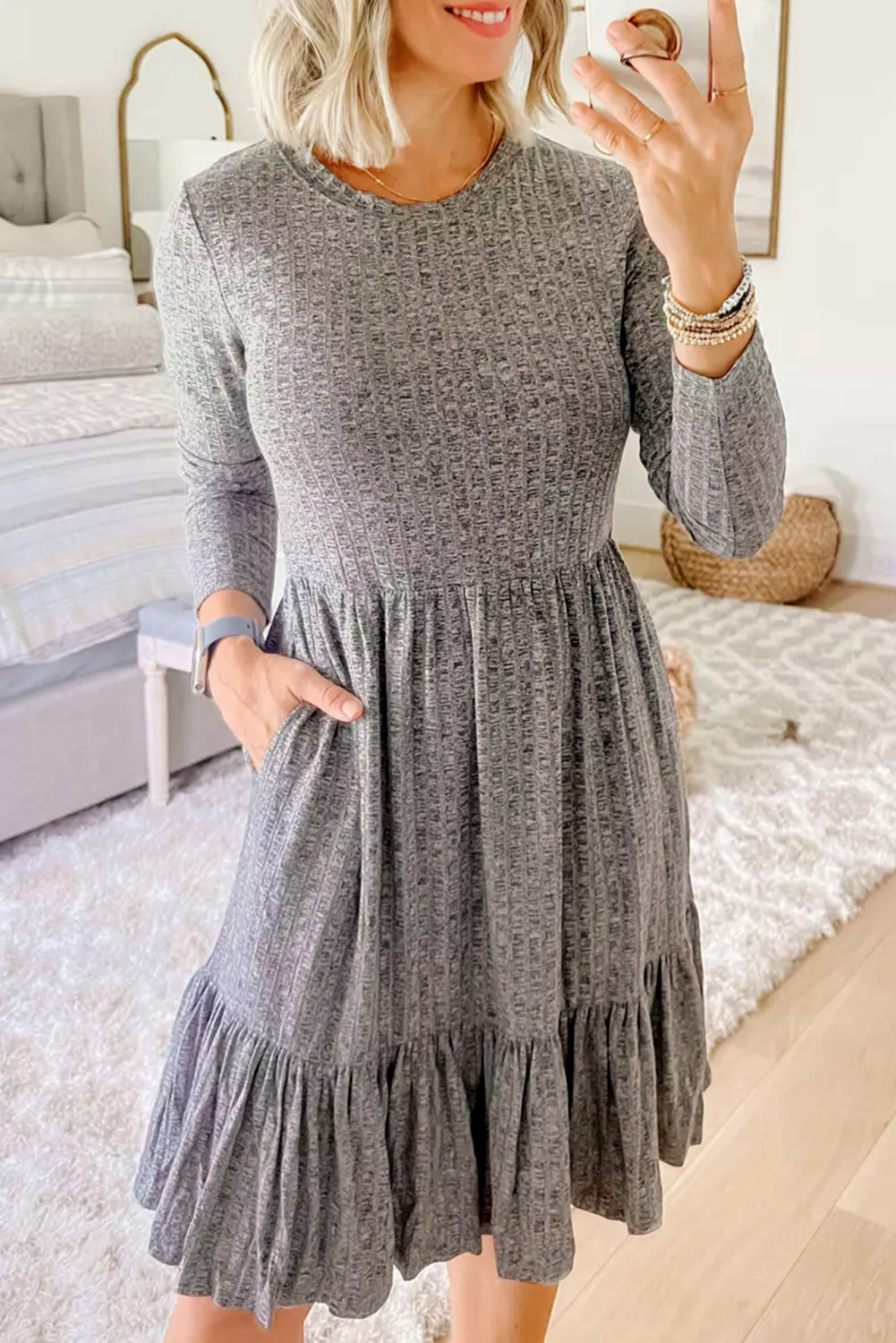 Gray Pinstriped Textured Ruffled A-line Midi Dress