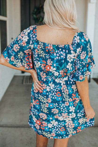 Blue Square Neck Ruffle Floral Dress