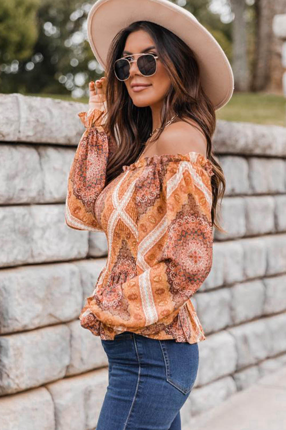 Printed Ruffled Smocked Off Shoulder Blouse