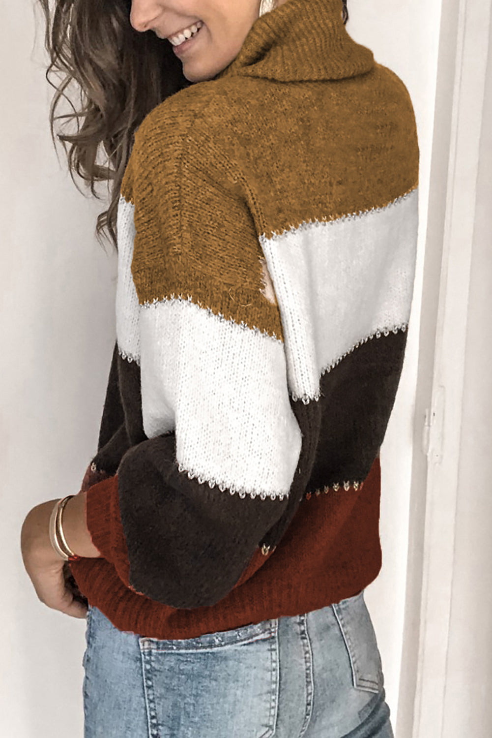 Khaki Accent Color Block Turtleneck Chunky Knit Sweater