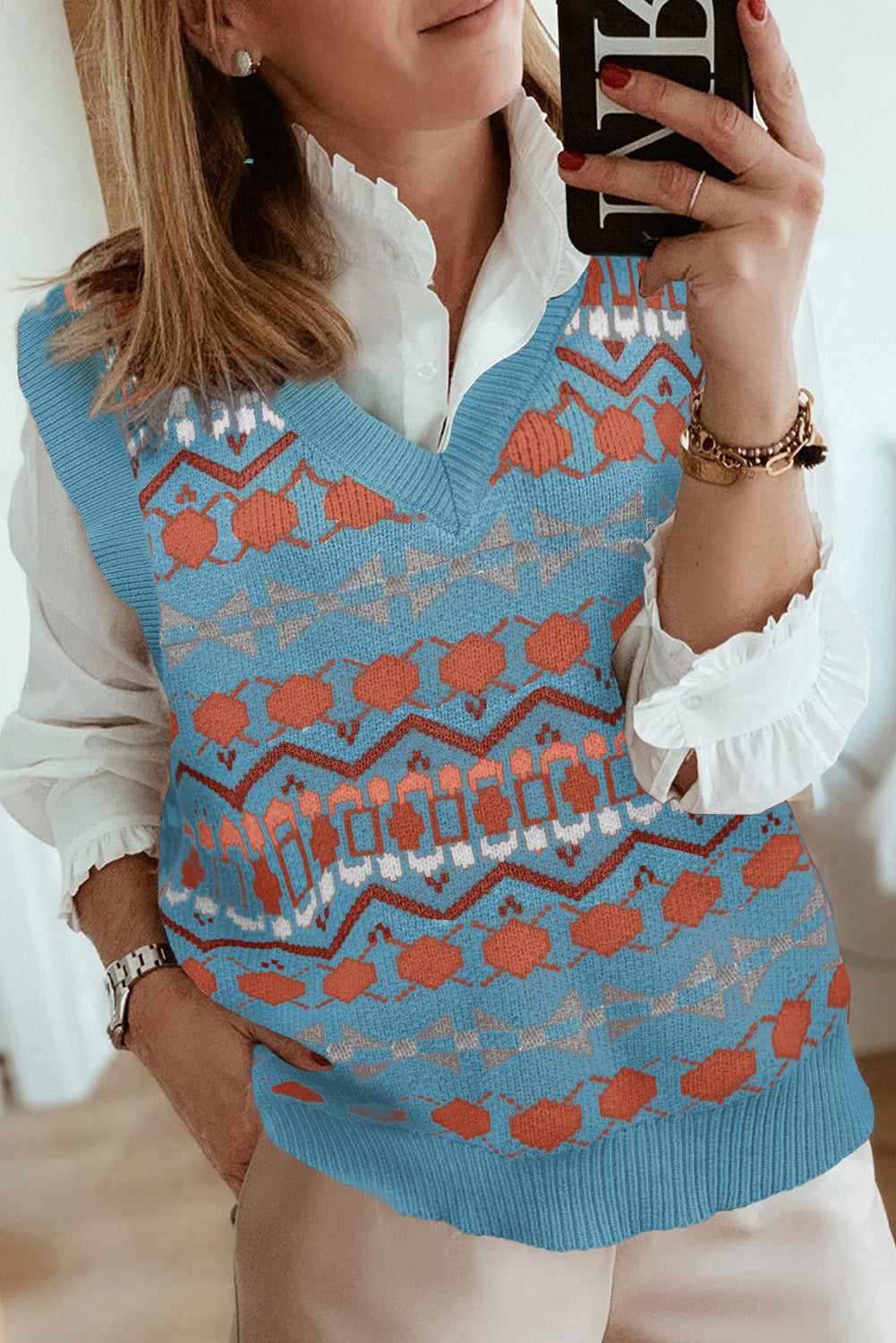 Tribal Print V Neck Knitted Sweater Vest