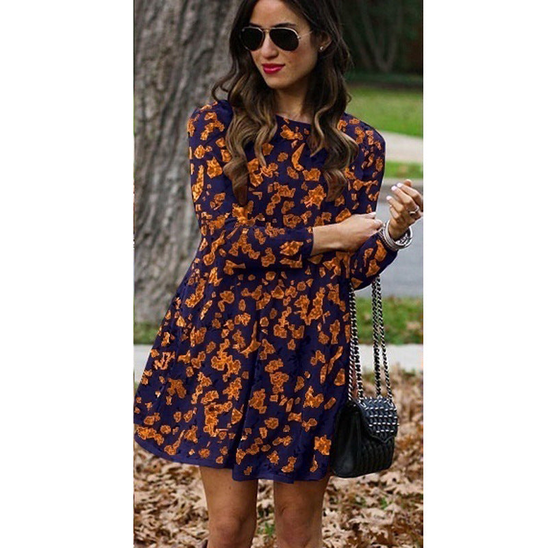 Women Loose off Wear round Neck Long Sleeve Printed Dress Plus size
