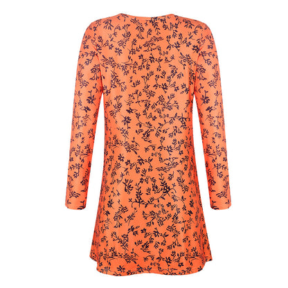 Women Loose off Wear round Neck Long Sleeve Printed Dress Plus size