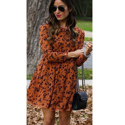 Women Loose off Wear round Neck Long Sleeve Printed Dress Plus size