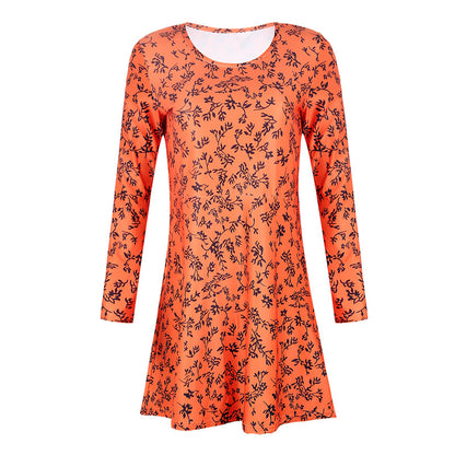 Women Loose off Wear round Neck Long Sleeve Printed Dress Plus size