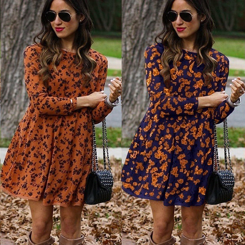 Women Loose off Wear round Neck Long Sleeve Printed Dress Plus size