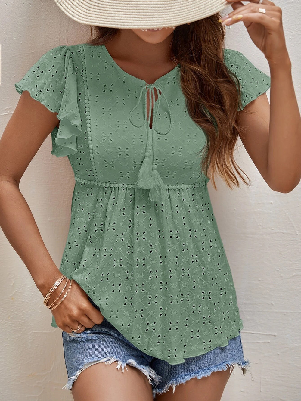 Women Clothing Spring Summer Women Solid Color Jacquard Ruffle Sleeve Elegant T Shirt Top
