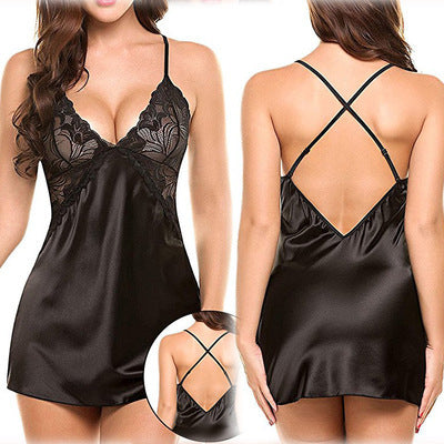 Sexy Lingerie Sexy Imitation Ice Silk Back Cross Slip Nightdress Sexy Suit