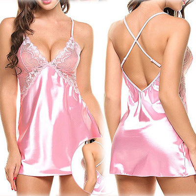 Sexy Lingerie Sexy Imitation Ice Silk Back Cross Slip Nightdress Sexy Suit