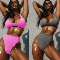 Solid Color Sexy High Waist Banded Bikini  Women Seperated Swimwear Swimsuit