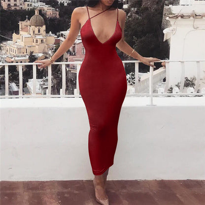 New Summer Women Clothes V-neck Backless Strap Dress Solid Color Dress Tight Dress for Women