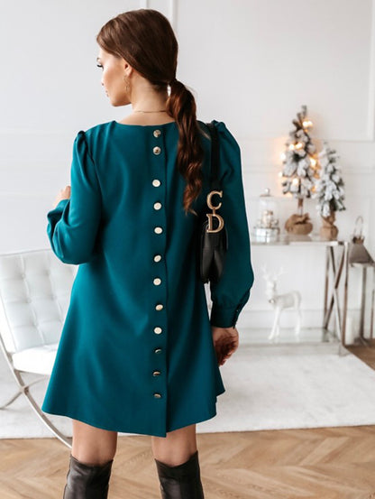 Popular High-profile Long Sleeve Round Neck Metal Buckle Dress