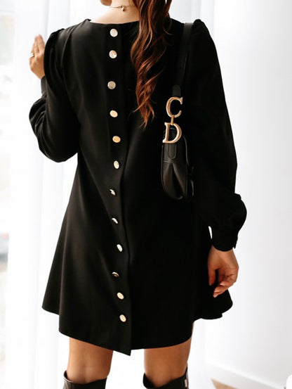 Popular High-profile Long Sleeve Round Neck Metal Buckle Dress