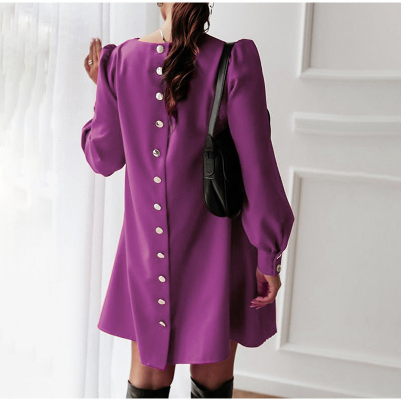 Popular High-profile Long Sleeve Round Neck Metal Buckle Dress