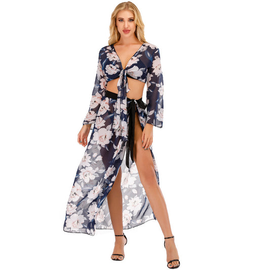 Beach Holiday Floral Print Long Sleeve Loose Outer Tops One-Piece Skirt Bikini Blouse Suit