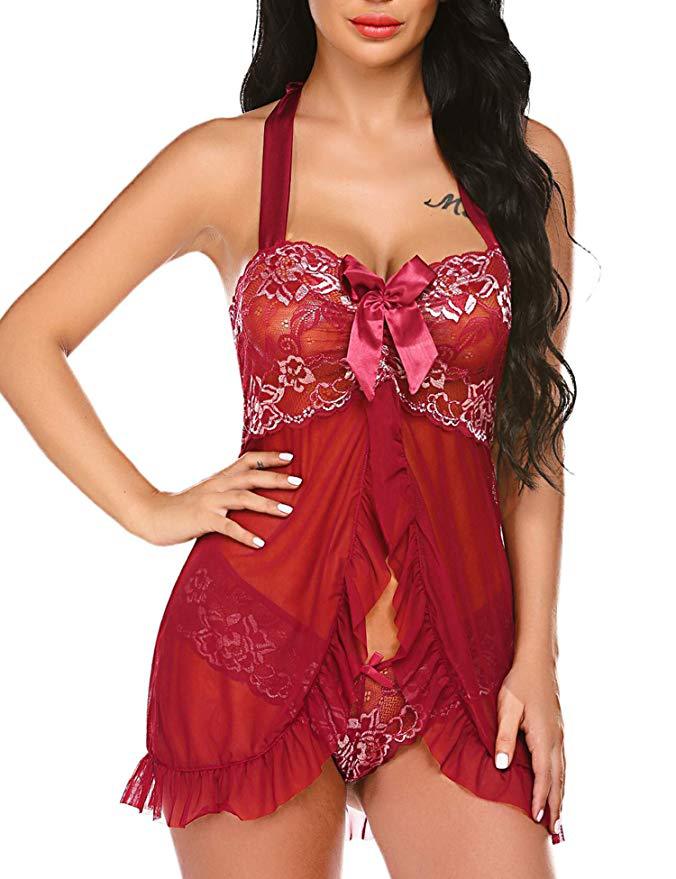Sexy Lingerie Red Neck Halter Dress, Lace See-Through Sleepwear