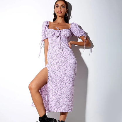 New Backless Slit Long Dress Sexy Square-Neck Lace-up Short Sleeve Four-Sided Floral Dress Summer