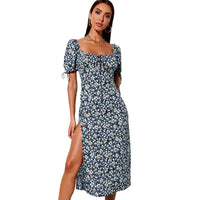 New Backless Slit Long Dress Sexy Square-Neck Lace-up Short Sleeve Four-Sided Floral Dress Summer