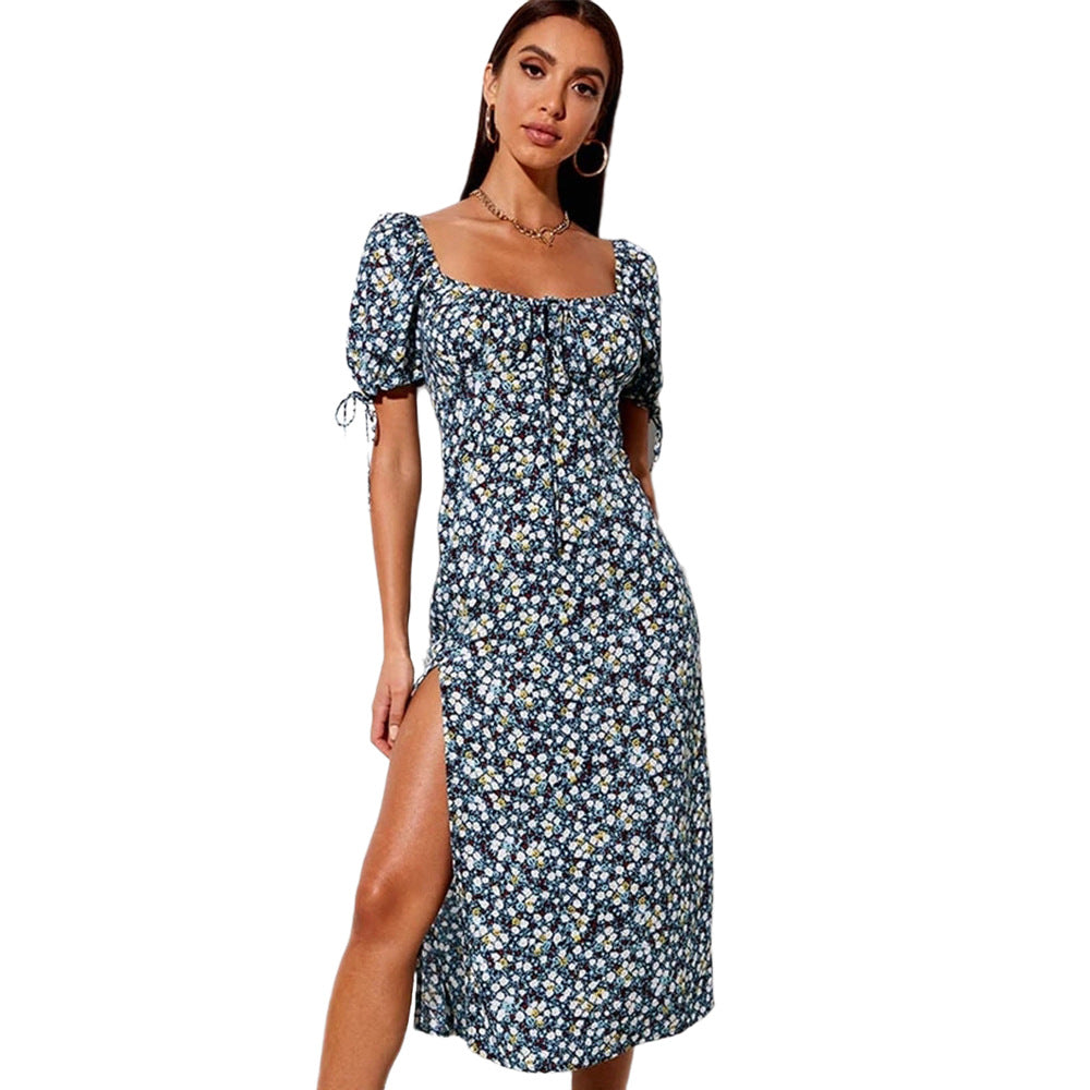 New Backless Slit Long Dress Sexy Square-Neck Lace-up Short Sleeve Four-Sided Floral Dress Summer