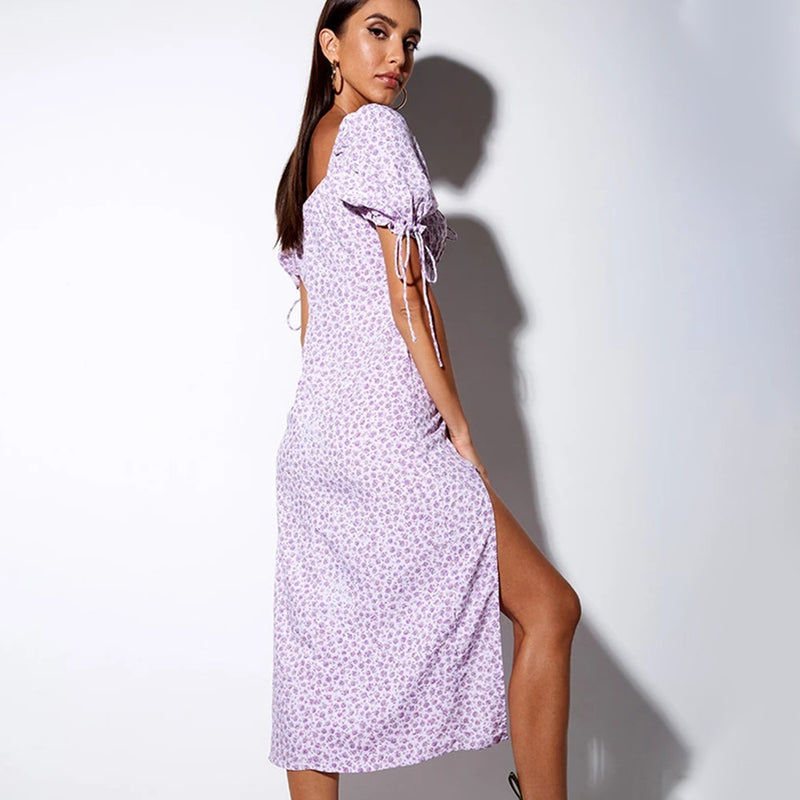 New Backless Slit Long Dress Sexy Square-Neck Lace-up Short Sleeve Four-Sided Floral Dress Summer