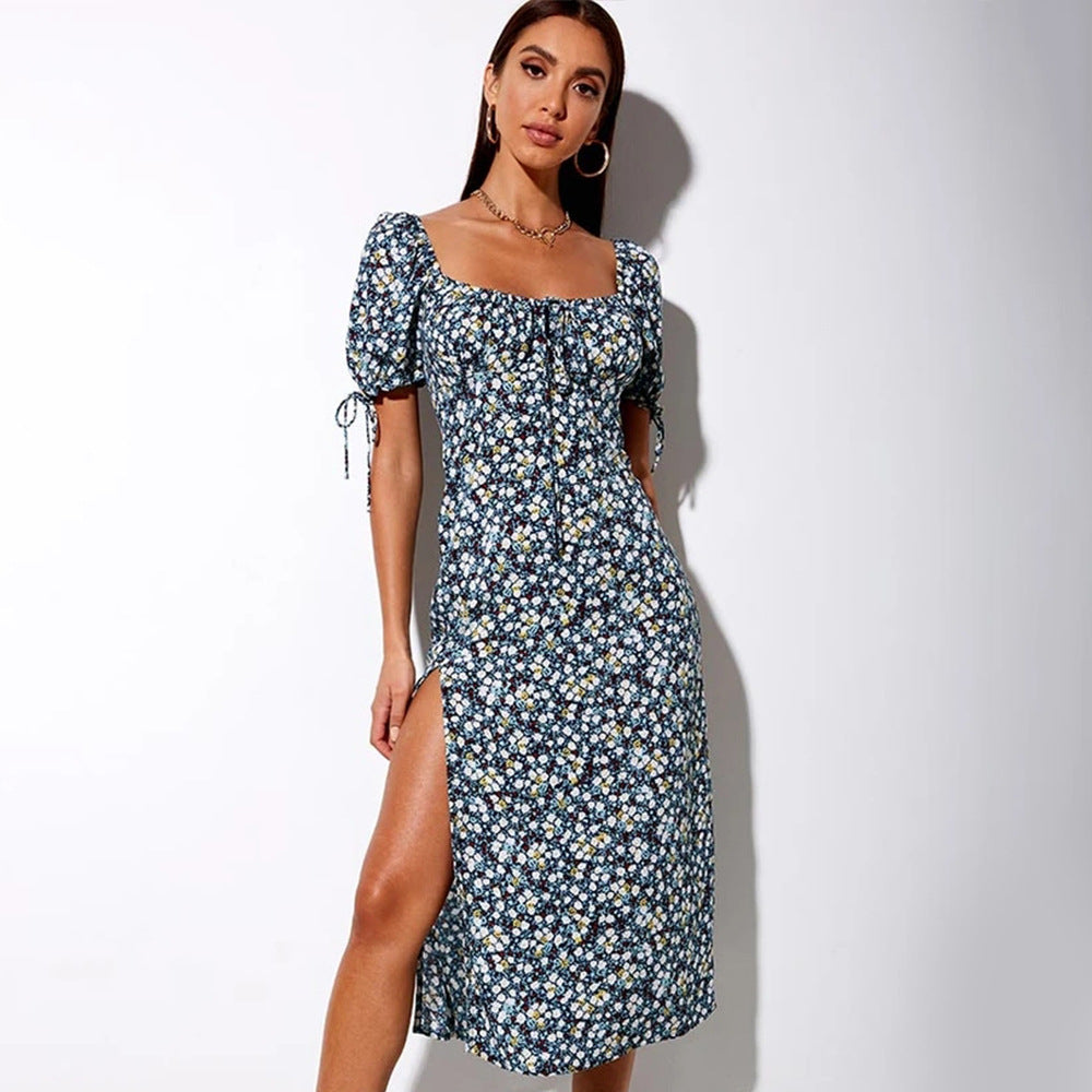 New Backless Slit Long Dress Sexy Square-Neck Lace-up Short Sleeve Four-Sided Floral Dress Summer