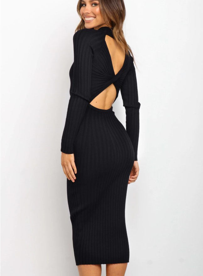 Sexy Temperament Round Neck Sunken Stripe Solid Color Slim Dress