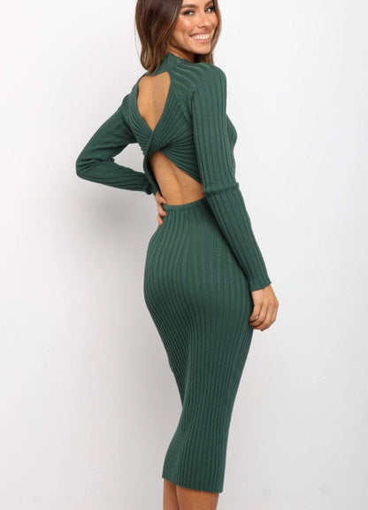 Sexy Temperament Round Neck Sunken Stripe Solid Color Slim Dress